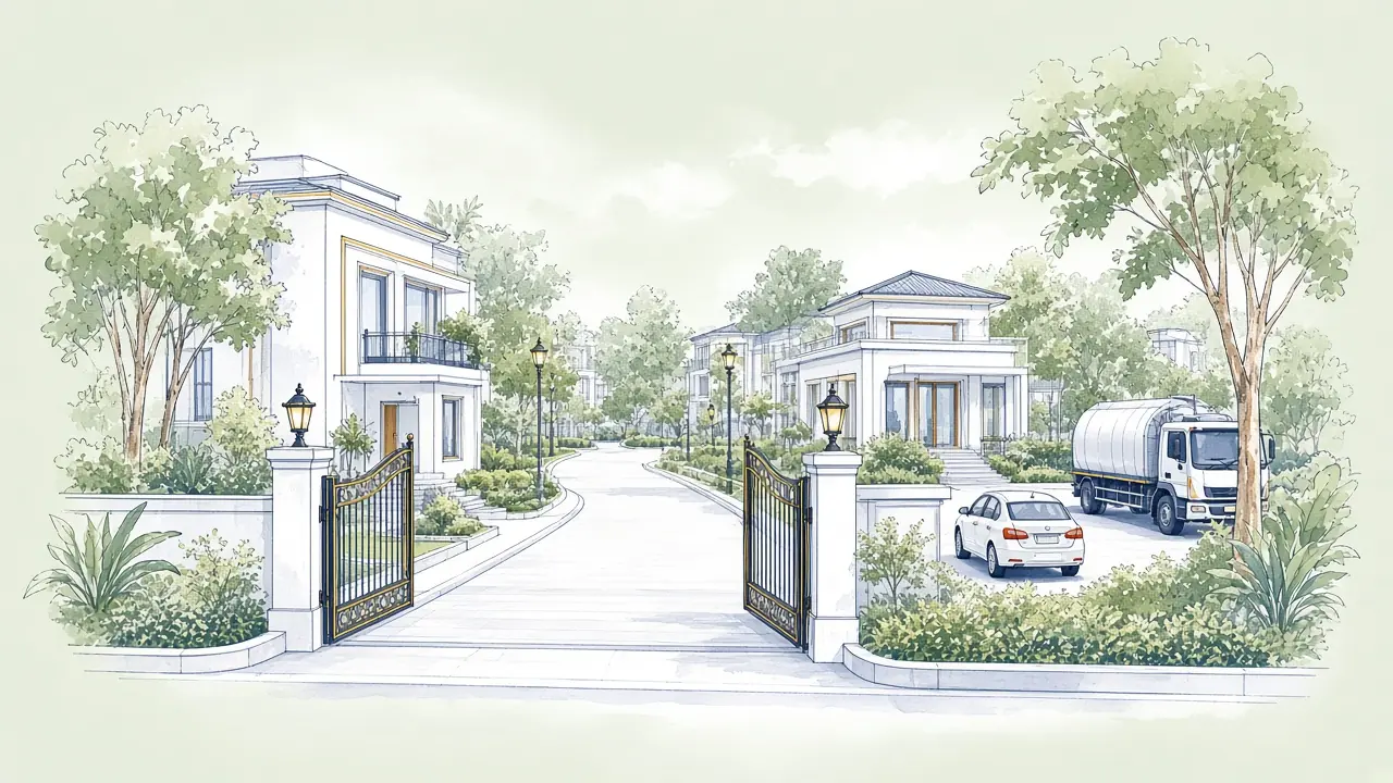 Illustrated apartment entrance, reception cabin, and water tanker