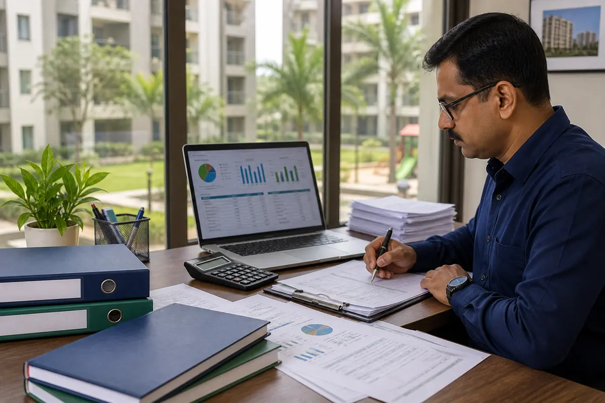 Society accounting desk with ledgers, calculator, and monthly expense charts