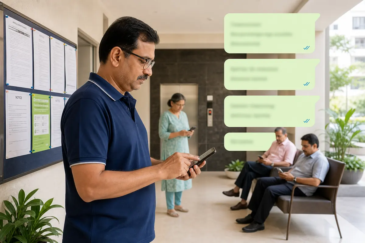 Committee member sending community notices on a phone in an apartment lobby