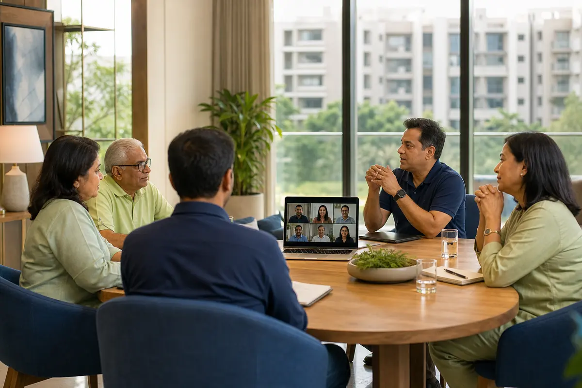 Managing committee in a hybrid community meeting with residents joining online