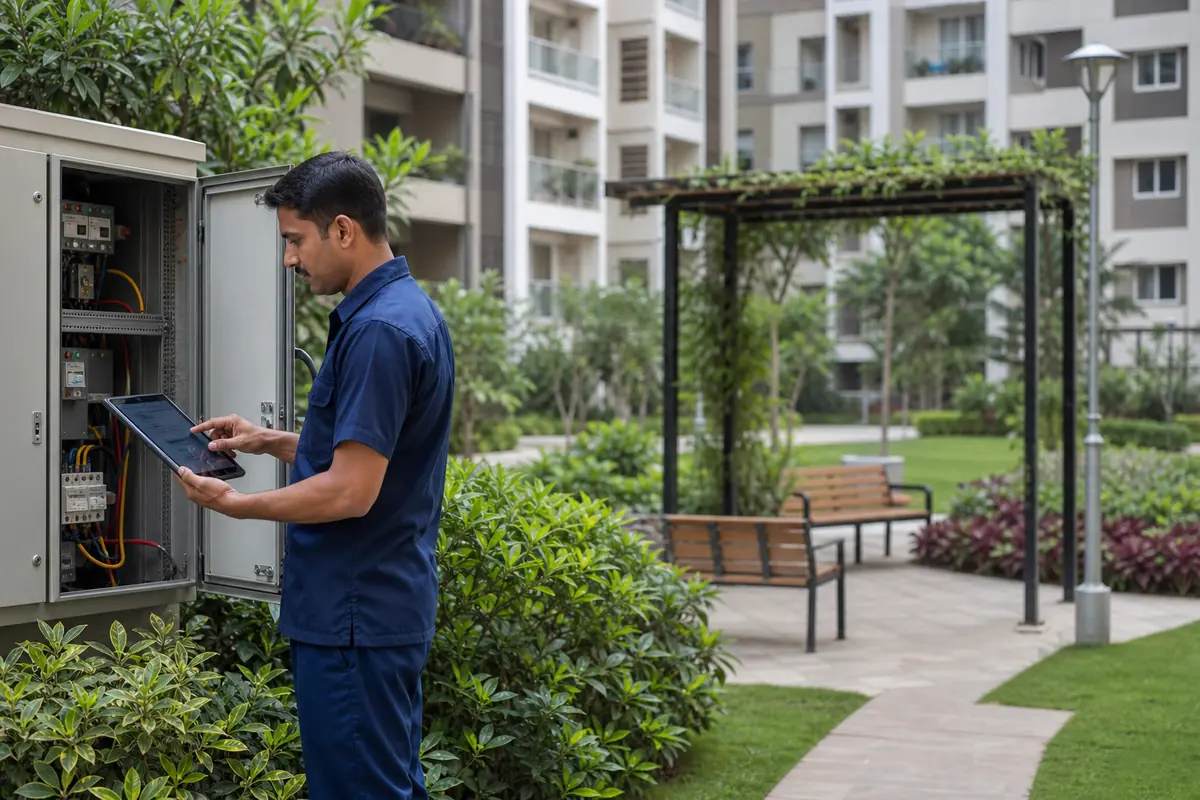 Facility staff reviewing work orders on a tablet in an apartment community courtyard